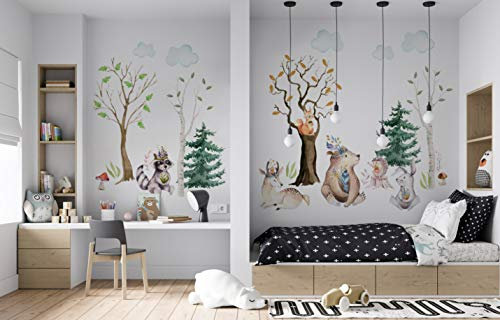 Wandtattoo Waldtiere I Blätter Reh Bär Vogel Kaninchen Wald Kinderbilder Junge Kinderzimmer Mädchen Aufkleber Osomhome os3615 (380x210cm)
