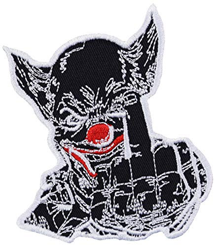 Aufnäher: Mittelfinger CLOWN Biker Aufbügler bestickter Rocker Patch Flicken Bügelbilder Motorrad Sticker zum aufnähen FTW Mittelfinger Geschenk Applikation für Leder-Jacken/Kutten/Jeans 70x80mm