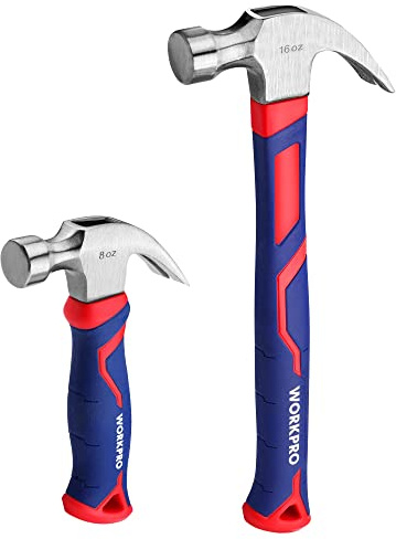 WORKPRO 2-Piece Claw Hammer Set, 8 oz Mini Stubby & 16 oz Fiberglass General Purpose, Soft Nonslip Handle & Heat Treated Head