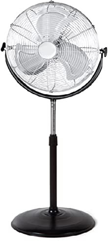 Suinga Ventilador de pie industrial, 3 velocidades, aspas metálicas, asa de transporte, 155 W, negro y plateado.