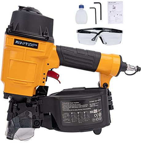 BHTOP CN55N Pneumatic Nail Gun,15 Degree Professional Coil Nailer, 1-1/4 Inch to 2-1/4 inch Air Pallet Nailer, 350-pcs Load Capacity Pallet Nailer