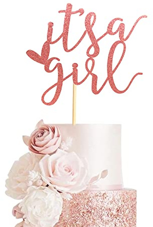 Arthsdite It's a Girl Kuchendekoration für Babyparty/Geschlechtsoffenbarung, Party-Dekorationen, Baby-Mädchen, 1. Geburtstag, Party-Dekoration, Zubehör – Roségold-Glitzer