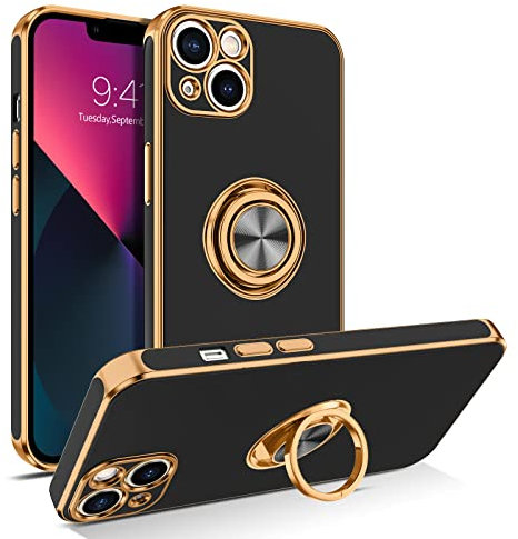 BENTOBEN for iPhone 13 Case with Ring, Gold Luxury Plating Edge 360 Rotation Stand Flexible Soft Silicone Bumper Shockproof Drop Protection Women Men Cover for iPhone 13, Black