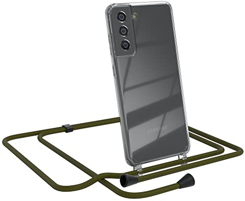 EAZY CASE Handykette kompatibel mit Samsung Galaxy S21 FE 5G Handyhülle mit Umhängeband, Handykordel mit Schutzhülle, Silikonhülle, Hülle, Stylische Kette für Smartphone, Grün - Clips Schwarz