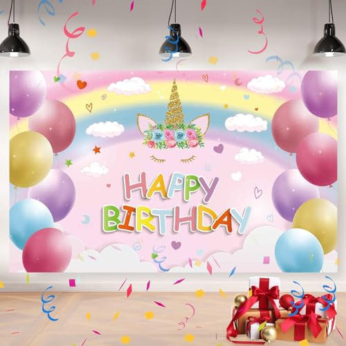 OSDUE Fondo de Cumpleaños de Unicornio, Feliz Cumpleaños Pancarta, Happy Birthday Banner, 180×110 cm Con Cuerda 6M Largo, Tela Tema Suministros Para la Fiesta