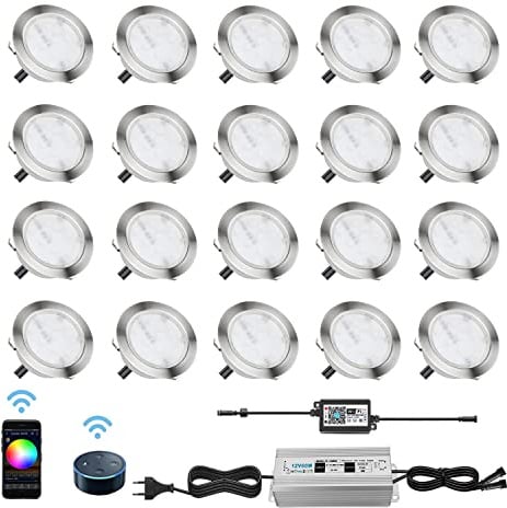 LED Einbaustrahler, 20er Set WiFi Bodeneinbaustrahler Aussen Ø80mm RGB Treppen Einbauleuchten Steuerbar via App, IP67 Wasserdicht Außenleuchten Boden Lichter Kompatibel mit Amazon Alexa, Google Home