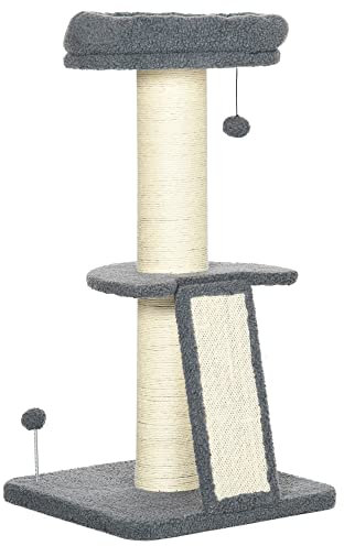 PawHut Arbre à Chat avec griffoir Tronc en sisal Boules suspendues et Plate-Forme d'observation Hauteur 92 cm - Gris