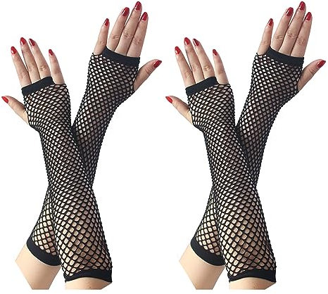 COSFAN 2 Paar Lange Netzhandschuhe, Damen Fingerlose Mesh Handschuhe, Mädchen Hohle Handschuhe für 80er Jahre Kostüm Tanz Party (Schwarz)