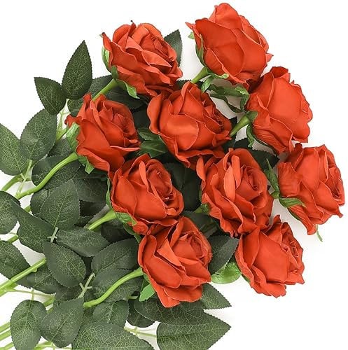 Veryhome 10 Stücke Künstliche Silk Rosen für die Vase, Gefälschte Rose Blumen für Hochzeit Home Birthday Party Garten Grab Dekorationen (Orange gebrannt)