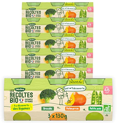 Blédina - Les Récoltes Bio - Carottes, Haricots Verts, Patate Douce - Recette BIO et simple - De 4 à 6 mois - 18 Pots de 130g