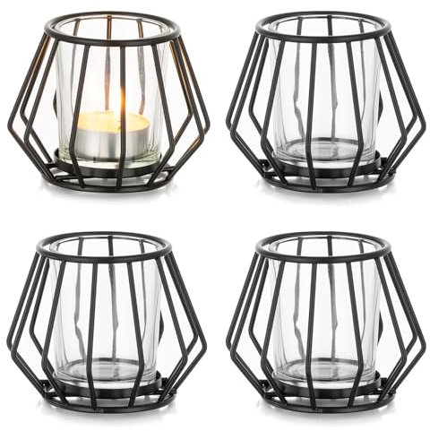 Romadedi Teelichthalter Schwarz Metall Kerzenhalter: 4er Set Windlicht Klein für Teelichter Deko Wohnzimmer Tischdeko Teelichtgläser für Zimmer Schlafzimmer Esstisch Home Decor