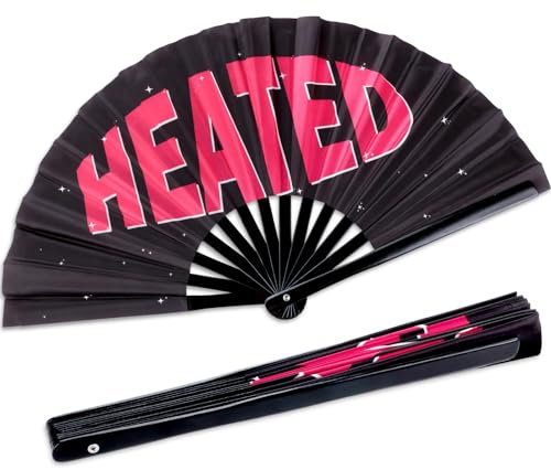 Qyeahkj Large Folding Concert Rave Hand Fan, HEATED Foldable Handheld Renaissance Fan, Glitter Clack Bamboo Fan for Women Men Festivals, Raves Iconic Fan Party Decor, QB0099