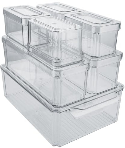 LDHHYH 7 Pack Fridge Storage Containers with Lids, Fridge Organisers Stackable Refrigerator Organizer Storage, Clear Plastic Fridge Storage Containers for Freezer, Pantry, Cabinet, Drawer