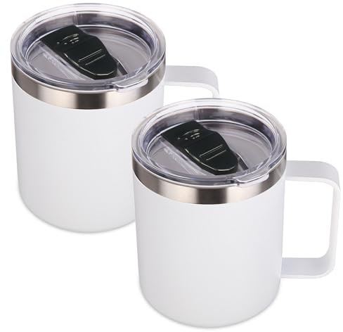Volhoply 14oz Insulated Stainless Steel Coffee Mug with Lid Bulk 2 Pack,Double Wall Vacuum Travel Coffee Cup with Handle,Reusable Metal Tumbler,Camping Mugs Keep Hot,Christmas Gifts(White,2)