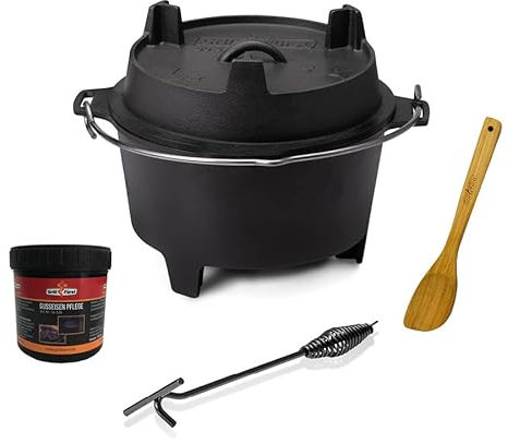Grillfürst Dutch Oven ca. 6 Liter - stabil stehender Feuertopf durch speziell entwickelte T-Füße, hitzebeständiger Gusseisen Topf, Deckel als Pfanne nutzbar, mit Pflegepaste, Deckelheber + Kochlöffel