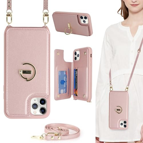 ELTEKER for iPhone 11 Pro Max Phone Case with Card Holder and Strap,PU Leather Wallet Case Flip Cover with Crossbody Lanyard Strap for iPhone 11 Pro Max (6.5 Inch) - Rose Gold