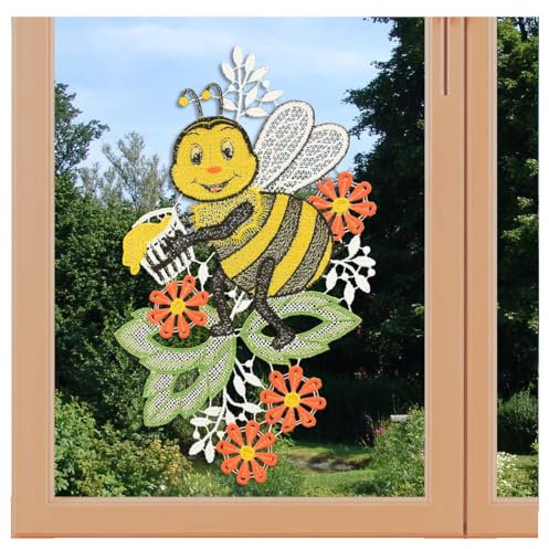 artex deko Fensterbild Imke Biene mit Honigtopf Echte Plauener Spitze Kinderzimmer-Dekoration mit Blumen 25 x 16 cm