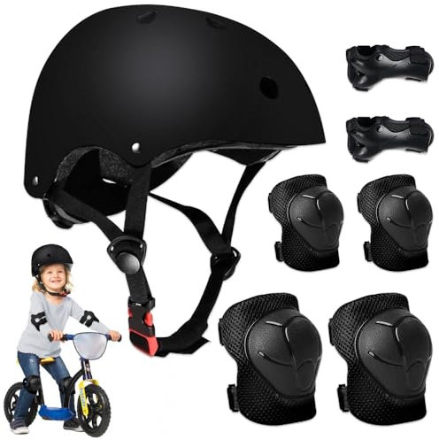 mizikuu Casco Bici Niño, 7 In 1 Set de Protecciónes Infantiles Adjustables Rodilleras Coderas y Muñequeras Almohadilla De Seguridad Protector para Patinar, Bicicleta, BMX, Monopatín, Aeropatín, Negro