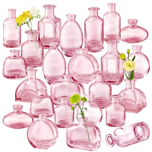 Lot de 24 petits vases à bourgeons en verre rose de style vintage pour centres de table, mariages rustiques et décoration de table