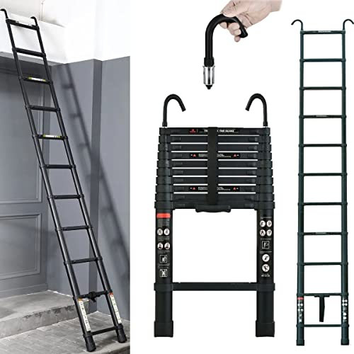 Teleskopleiter 3.2M mit Haken, Klappleiter Ausziehleiter für Dachboden, Aluminium Leiter 11 Treppenleiter - EN 131 Standard, Ausziehleiter Teleskopleiter - 150 kg Belastbarkeit