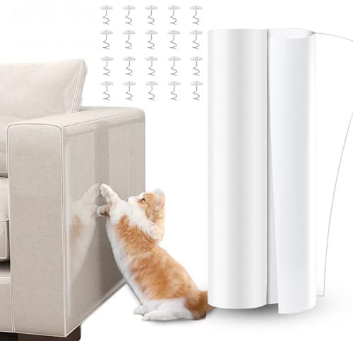 Kratzfolie Katzen Selbstklebend, 1000cm x 25cm - Transparent Kratzschutz für Sofa, Wand und Möbel - AntiKratz Tape mit 20 Twist Pins