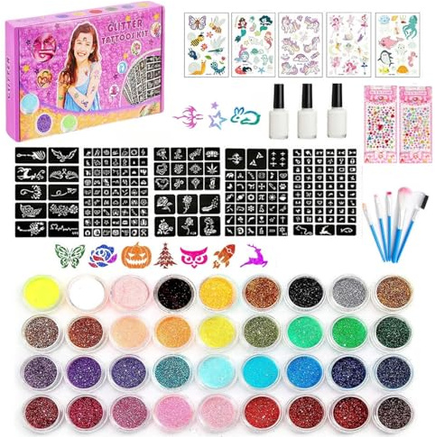 Glitzer Tattoo Set Mädchen Temporäres, Tattoo Kinder 36 Temporäre Tattoo Kit, Glitzertattoos Kinder Set, 222 Schablonen, 5 Pinsel, 3 Kleber, Wasserdichte Tattoos für Partys