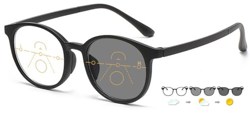 ABETOS Multifokale Lesebrille Gleitsichtbrille Selbsttönende Damen Herren Rund Lesehilfe Sehhilfe Blaulichtfilter Multifokus Sonnenbrille Brille mit Sehstärke