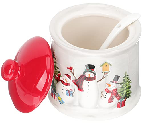 DOITOOL Azucarero de cerámica de Navidad con tapa y cuchara, tarro de galletas de muñeco de nieve de Navidad, tarro de almacenamiento de alimentos, muñeco de nieve, azucarero de Navidad, recipiente de
