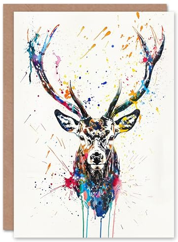 Artery8 Deer Stag Head Colourful Ink Paint Splat Blank For Him Or Her Art Birthday Card