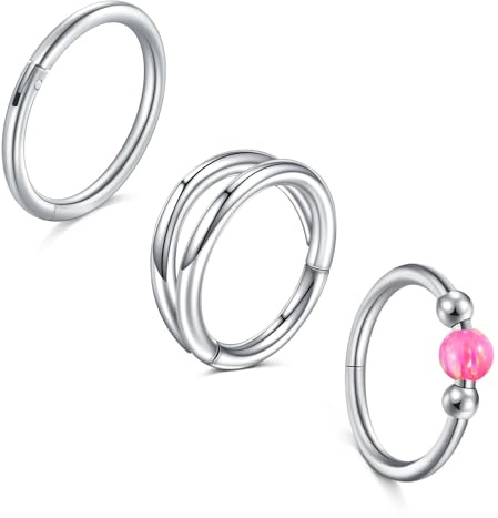 LAURITAMI 3 Stück Nasenpiercing Ring Chirurgenstahl 18G Dünn Nasenpiercing Ring Silber Set,Rosa Opal Septum Clicker Ring,10mm Helix Conch Knorpel Tragus Nasenpiercing Schmuck