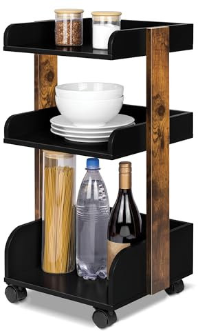 bomoe Aufbewahrungswagen mit Rollen 69 cm hoch – FSC® Holz Rollwagen Badezimmer Büro Küchenwagen Schwarz Braun Servierwagen Bastelwagen Beistellwagen Regal auf Rollen Allzweckwagen Kosmetikwagen Bosse