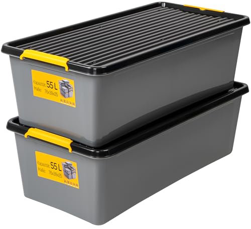 KONZEPT 2 Stück Aufbewahrungsbox mit Deckel und Rollen 55 L – inkl. beschriftbaren Etiketten, aus hochwertigem Kunststoff, stapelbar und stabilen Verschlussclips, ideal für Keller, Werkstatt, Garage