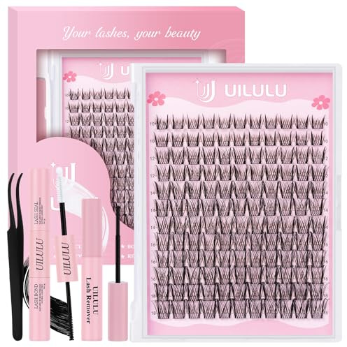 Uilulu D Curl Lash Extension Kit 10-18mm Wispy Clusters Bond, Seal, Glue Remover, Tweezers (U09)