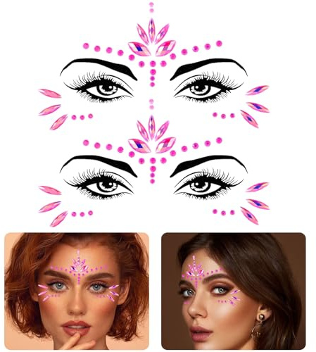 TAXTYHRE Strass Autocollant Visage, 2 Pièce Strass Visage, Visage Bijoux Autocollants, Strass Visage Festival, pour Festival de Musique, Halloween, Fête, Carnaval, Mascarade(Rose)
