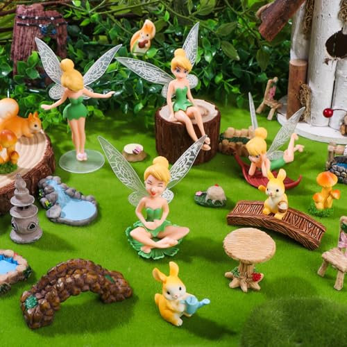 22Pcs Fairy Garden Accessories Miniature Fairies Figures Garden Table and Chairs Set Resin Mini Mushroom Hedgehogs Animals Lights Bridge Arch for Micro Landscape Plant Pots Dollhouse Cake Decor