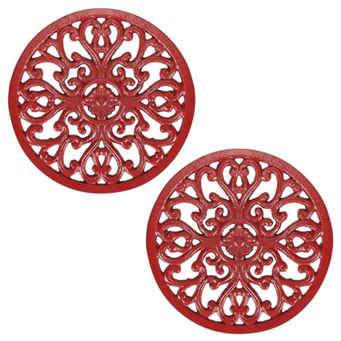 SUMTree 2 PCS 6.7 Round Cast Iron Trivets, Decorative Heavy Duty Hot Pot Holder Mat, Vintage Flower Pattern Cast Iron Trivet with Rubber Pegs for Kitchen Worktops Dining Table (Red)