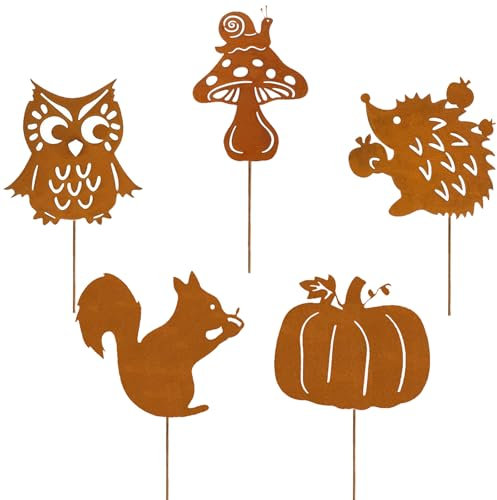 Gartenstecker Rost Herbstdeko Innen 5er Garten Deko Herbst für Draußen mit Igel Eule Pilze Eichhörnchen Kürbis Metall Roststecker Gartendeko Blumentopf Terrasse Geschenk Erntedank