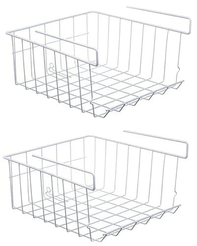 Pack of 2 Under Shelf Storage Baskets – Stackable Metal Wire Hanging Organisers for Kitchen, Pantry, Cabinet, Desk & Bookshelf | Rust-Proof White Undershelf Racks for Home & Office
