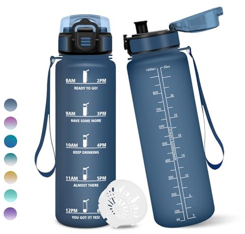 Botella Agua, 1 litro Libre de BPA, Botella Agua Gimnasio, Con Marca de Tiempo, Botellas de Agua, Diseño de Cerradura a Prueba de Fugas, Botellas de Agua Para Niños para Deportes - Azul Marino