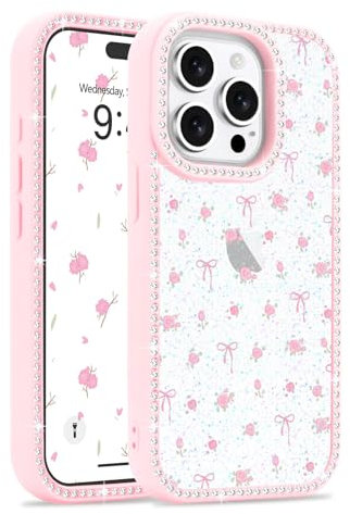 Lafunda Case for iPhone 15 Pro Max, Clear Cute Floral Flower Pattern Phone Case for Women Girls Glitter Diamonds Raised Camera Lens Protection Slim Soft Durable TPU Protective Cover, Pink