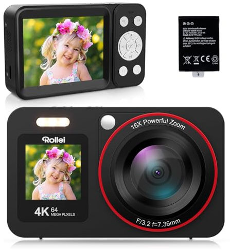 Camara Digital 4K 64MP, Rollei Compactline 64 Dual Screen Cámara de Fotos con Zoom Digitale 18X Camara Compacta con Pantalla Dual Cámara Fotográfica para Niños Principiante Negro, Camara-Fotos-Digital