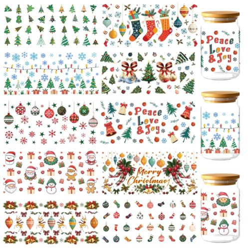 GOMAKERER 10 Blatt Weihnachts UV DTF Becherfolien, Weihnachts Kronleuchter Elchglocken Transfer Aufkleber Aus PVC Wasserdicht Für Tassen DIY Flaschen Getränke Marmelade Kuchenbehälter