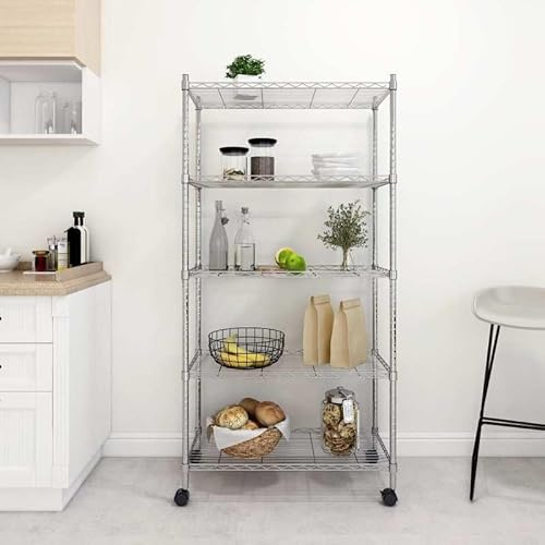 Eleganz Lagerregal mit Rollen - 5 Böden 75x35x155 cm - Robuste Eisenkonstruktion mit Chrom-Finish - 250 kg Tragkraft - Ideal für gewerbliche Lagerung und Werkstatt