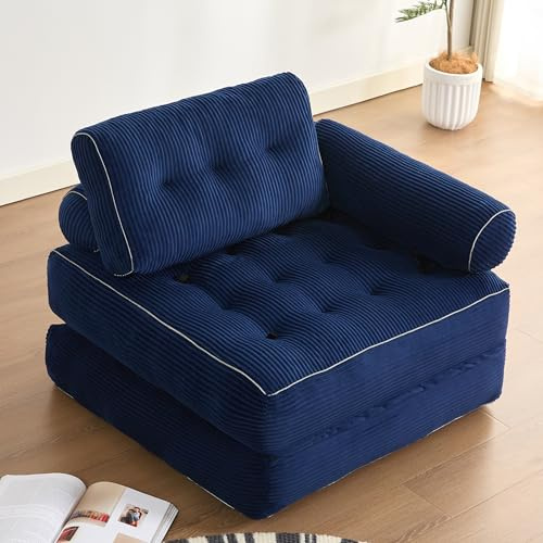 Litbird Sofá Convertible 4 en 1, Sofá Cama 1 Plaza, Pana, Azul Marino | Sin Montaje, Diseño de Suelo, Con Reposabrazos, Espuma Viscoelástica, Dormitorio o Residencia Estudiantil