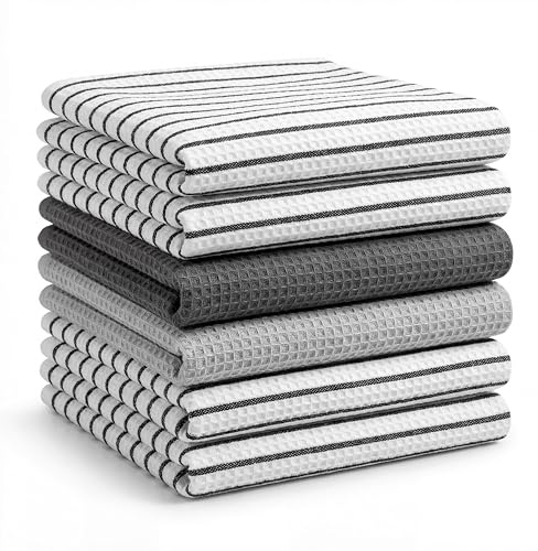 BOSKIMO 6er Set Geschirrtücher bis 65x45 cm, Küchentücher aus Baumwolle und Polyester mit Frottee und Waffelstruktur, saugfähig und schnell trocknend, zum Abtrocknen von Geschirr – Aura Silber