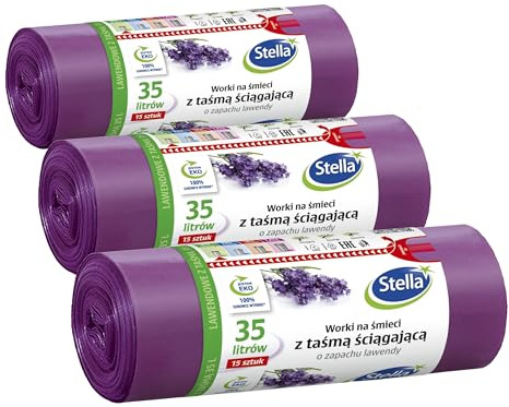 STELLA 009893 Müllbeutel mit Zugband 35 L | 15 Stück | Lavendelduft | Müllsack Mülltüte Abfallsäcke für Den Hausmüll Büro aus LDPE-Folie Hergestellt/aus Regranulat Farbe: Lavendel/Violette