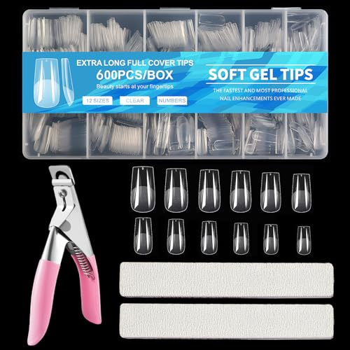 600 PCS Square Nail Tips,Full Cover Clear False Nails Tips,Press on,Semi-matte,for Gel Extensions,for Salon & Home Use,with Clippers and Nail Files(12 Sizes)