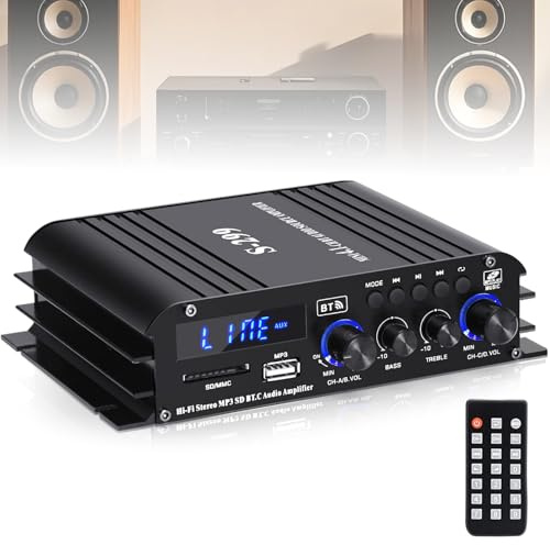 Amplificatore a 4 canali, amplificatore di potenza audio 1600 W, Bluetooth 5.0, 40 Wx4 con USB/Microfono/FM con telecomando, amplificatore Hi-Fi integrato per la casa o la tua auto