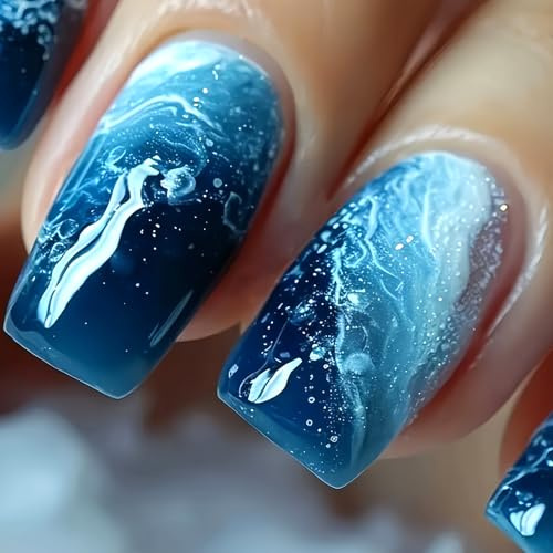 24 Stück Fingernägel zum Aufkleben Mittel Eckig, Blaue Farbverlauf Falsche Nägel, French Press on Nails mit Weiß Wellen Design, Full Cover Klebenägel, Acryl Künstliche Nägel für Frauen Nail Art