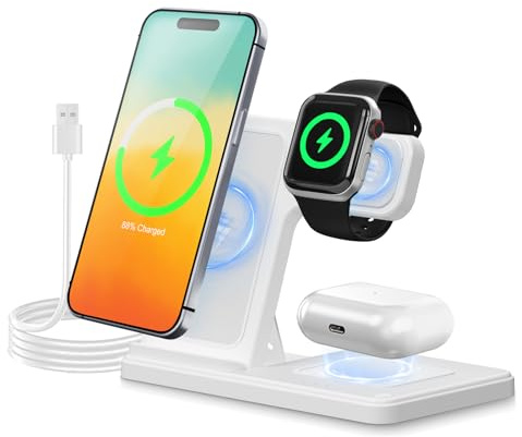 3 in 1 Ladestation Kabellos, 15W Induktive Schnellladegerät für iPhone | Wireless Charger für iPhone 17 Pro Max Plus 16 15 14 13 12, für Apple Watch Seires, für AirPods Pro 4 3 2, Faltbar(Weiß)